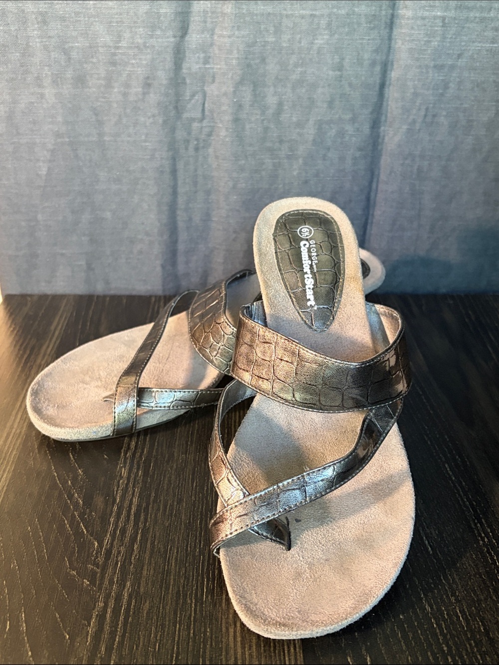 George Metallic Bronze Croc-Embossed Slide Sandals with Crisscross Straps